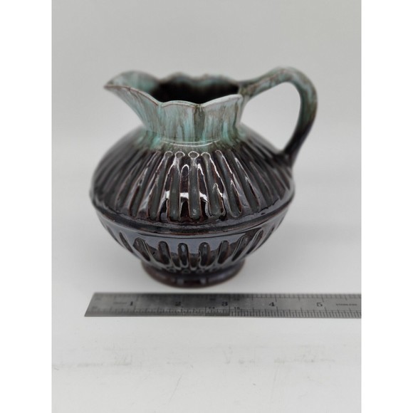 Vintage Pitcher Pottery Small Ribbed Scalloped Dainty Two Tone Teal Brown Handle - Picture 10 of 10